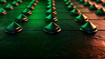 Close-up view of textured surface with cone-shaped elements illuminated in green light photo
