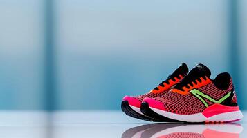 Vibrant running shoes displayed on a reflective surface with a blurred background suggesting motion photo