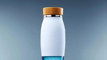 Stylish water bottle with wooden cap on a gradient background, showcasing condensation and freshness photo