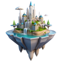serene rustic Floating island city, futuristic architecture, waterfalls cascading down, clouds below, utopian, fantasy style detailed png