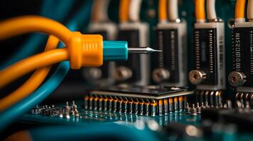 Close-up of electronic circuit board with colorful wires and components, showcasing intricate details photo