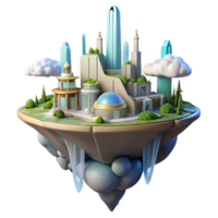 elegant rustic Floating island city, futuristic architecture, waterfalls cascading down, clouds below, utopian, fantasy style original png