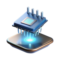elegant traditional A single, glowing microchip, intricate circuitry visible, levitating in the air, illuminated by a dramatic, spotlight effect. Technology concept art, photorealistic render premium png