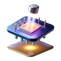elegant contemporary A single, glowing microchip, intricate circuitry visible, levitating in the air, illuminated by a dramatic, spotlight effect. Technology concept art, photorealistic render genuine png