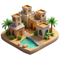 impressive modern Desert oasis village, adobe buildings, palm trees, shimmering water, warm sunlight, desert architecture style original png