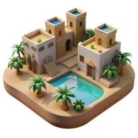 serene contemporary Desert oasis village, adobe buildings, palm trees, shimmering water, warm sunlight, desert architecture style high quality png