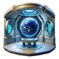 dramatic modern Space station interior, futuristic design, glowing panels, views of Earth, science fiction style high quality png