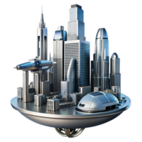 stunning minimalist A futuristic cityscape, towering skyscrapers and flying vehicles, reflected in the polished chrome surface of a robotic arm. Cyberpunk style, digital art high quality png