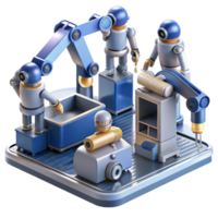 dramatic classic A group of robots working in a futuristic factory, assembling complex machinery, illuminated by the warm glow of industrial lighting. Sci-fi style, photorealistic render detailed png