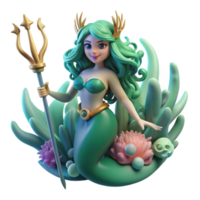 impressive creative A serene mermaid with flowing, seaweed-green hair, holding a pearl-encrusted trident, underwater scene illuminated by bioluminescent coral. Dreamlike style, soft lighting exclusive png