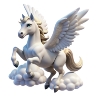 dramatic creative A graceful Pegasus soaring through a cloud-filled sky, sunlight glinting off its white wings. Realistic style, soft focus on the clouds exclusive png