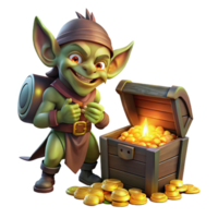 magnificent modern A mischievous goblin scavenging through a treasure hoard, illuminated by the warm glow of flickering candlelight. Cartoon style, exaggerated features high quality png