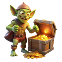 extraordinary rustic A mischievous goblin scavenging through a treasure hoard, illuminated by the warm glow of flickering candlelight. Cartoon style, exaggerated features high quality png