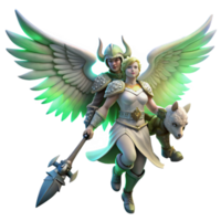 wonderful artistic A winged Valkyrie carrying a fallen warrior to Valhalla, illuminated by the radiant light of the aurora borealis. Norse mythology style, detailed armor and weaponry detailed png