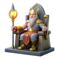 elegant vintage A powerful Odin seated on his throne, holding his spear Gungnir, illuminated by the bright light of Asgard. Norse mythology style, detailed depiction of the throne detailed png