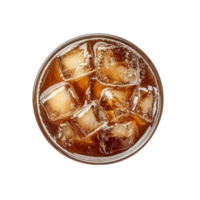 Top view of a refreshing iced coffee cup filled with ice cubes against a clean, transparent background, iced coffee cup top side view view from above isolated transparent background png