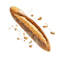 Fresh baguette with crumbs floating isolated on a transparent background, showcasing its crusty texture and soft interior, Fresh Baguette with Crumbs Floating isolated on transparent background png