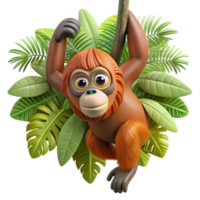 stunning classic A curious orangutan hanging from a tree branch, surrounded by lush jungle foliage, depicted in a detailed, realistic style professional png