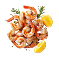 Cooked shrimp garnished with fresh herbs and lemon slices on a clean transparent surface, Cooked shrimp isolated on transparent background png
