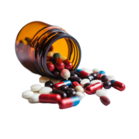 Colorful pills spilling from bottle on a clean transparent background showcasing various shapes and sizes, pills out of bottle on transparent background png