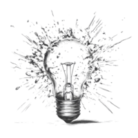 A detailed illustration of a light bulb exploding, showcasing shards and energy in dynamic motion, Exploding Light Bulb Stock Illustration png