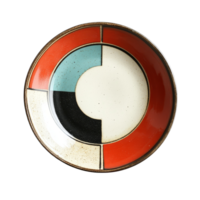 Retro ceramic plate featuring bold geometric patterns displayed against a clean transparent background, retro ceramic plate on transparent background png