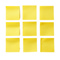 Bright yellow sticky notes arranged in a grid on a transparent background for organization and reminders, yellow sticky post it notes isolated on transparent background png