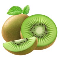 Fresh kiwi fruit with a slice and green leave isolated on a bright transparent background for culinary uses, kiwi fruit and slice isolated on transparent background png