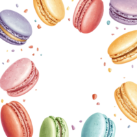 Colorful macarons arranged around a transparent background with decorative sprinkles for a delightful presentation, Delicious macarons on transparent background decorative banner png