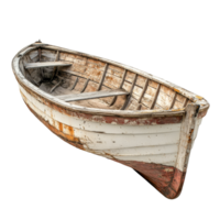 Old wooden boat resting on a transparent background showcasing weathered craftsmanship and vintage charm from bygone days, Old Wooden Boat on transparent background png