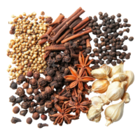 An assortment of Chinese five spice ingredients arranged aesthetically on a transparent background with tones, chinese five spice transparent background png
