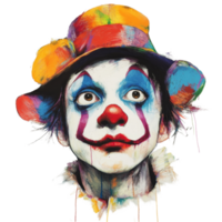 A colorful clown with expressive makeup and a hat gazes up against a plain transparent background, evoking a whimsical atmosphere, Clown wearing a hat on transparent background png