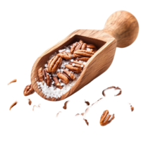 Salted pecan nuts in a wooden scoop on a transparent surface showcasing a delightful snack option, Pecan nuts topped with light salt in wood scoop isolated on transparent background png
