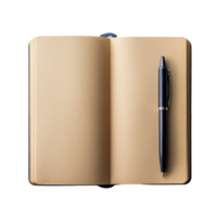 An open paper notebook with a pen resting on a blank page, ready for writing notes and ideas in a quiet workspace, Open paper notebook with pen png