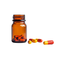A clear view of an amber bottle with red and yellow capsules on a transparent background for health and wellness, pill and bottle on transparent background png