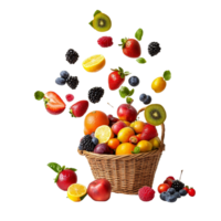 Fresh fruits like strawberries and kiwis cascading into a woven basket on a bright transparent background, Fresh fruits falling from above in a basket on a transparent background png