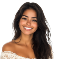 Smiling Hispanic woman with long hair wearing a light top, in a bright studio setting, a portrait photo of beautiful smiling hispanic woman isolated transparent background png