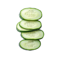 Fresh cucumber slices arranged neatly on a transparent background showcasing their vibrant green color and juicy interior, cucumber sliced isolated on transparent background png