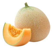 Bright yellow cantaloupe melon with a slice placed beside it on a clean transparent background, perfect for summer recipes, yellow cantaloupe melon on transparent background png