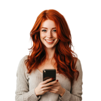 A happy redhead smiles as she uses her smartphone against a clean transparent background, capturing a moment of joy, Smiling Redhead with Phone on transparent background png