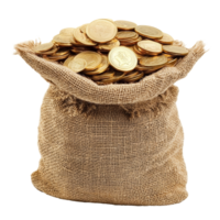 A burlap sack filled with shiny gold coins resting on a transparent background, Burlap sack full with gold coins isolated on transparent background Stock Photo png