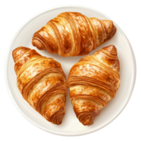 Delicious buttery croissants displayed on a transparent plate isolated against a clean transparent background, croissants on plate template, isolated transparent background png