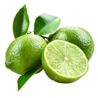 Freshly cut limes with vibrant green leaves displayed on a clean surface for culinary use, fresh lime isolated png