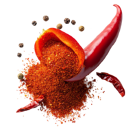 Chili pepper split open with vibrant chili powder spilling out on a clean surface, Chili powder spilled out of a cut open chili pepper Stock Photo png