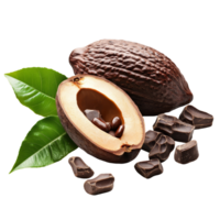 Cocoa pod with beans and chunks arranged on green leaves isolated on a transparent background, showcasing the natural beauty of cocoa, Cocoa isolated on alpha layer png