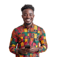 Smiling African man holding a smartphone against a plain transparent background in a colorful patterned shirt, Smiling African Man With Phone on transparent background png
