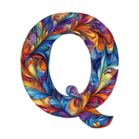 Colorful artistic representation of the letter Q designed with vibrant swirls on a transparent background showcasing creative expression, consonant letter q is used to make words on transparent png