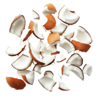 Coconut pieces scattered on a transparent background showcasing the natural texture and colors of coconut shells and flesh, Coconut pieces on transparent background png