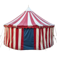 A vibrant circus tent with red and transparent stripes stands alone against a plain transparent background, symbolizing excitement and wonder, circus tent isolated on transparent background png