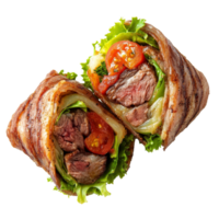 Delicious slice of meat served in a halved roll with fresh vegetables for a tasty meal, slice of meat served in a halved roll top view isolated on transparent background png